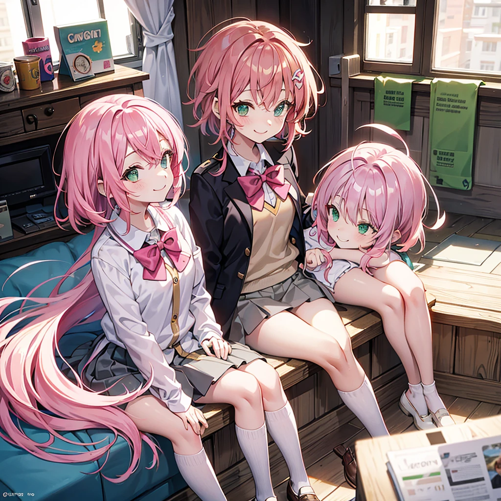 ,cute,pink hair,I have short, oily hair on the right side.,light green eyes,In brown eyes,smile,cheerful,Student uniform,bow,Stand alone.