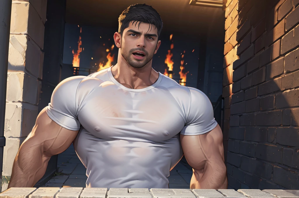 (Create a masterpiece: 1.2),(CGI art:1.3),(realistic:1.5),(After processing:1.3),(Sharp focus:1.3),1 man , straight, front ,Chris Redfield , smile, (round neck T-shirt:1.2) ,Wear color navy round neck T-shirt with a police badge: 1.4), Navy blue jeans, Korean guy , korean men, (High gloss details), chest muscles, large arm muscles, blood vessel, Big muscles, Broad shoulders, looking at the audience, Balancing the eyes, middle of the road ,dark black gloomy hallway in the background, detailed face, shadow, volumetric lighting ,(open mouth:1.6),(Fire blazes behind)