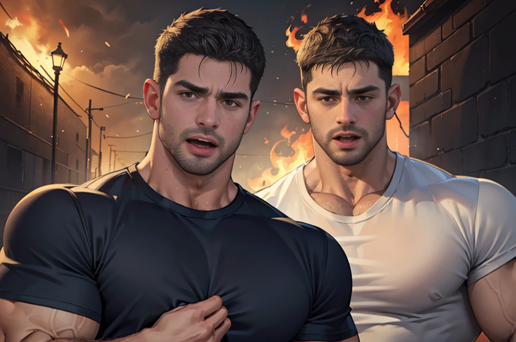 (Create a masterpiece: 1.2),(CGI art:1.3),(realistic:1.5),(After processing:1.3),(Sharp focus:1.3),1 man , straight, front ,Chris Redfield , smile, (round neck T-shirt:1.2) ,Wear color navy round neck T-shirt with a police badge: 1.4), Navy blue jeans, Korean guy , korean men, (High gloss details), chest muscles, large arm muscles, blood vessel, Big muscles, Broad shoulders, looking at the audience, Balancing the eyes, middle of the road ,dark black gloomy hallway in the background, detailed face, shadow, volumetric lighting ,(open mouth:1.6),(Fire blazes behind)