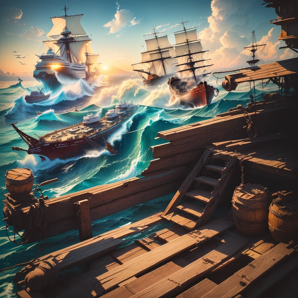 A ship floating on the sea,Barrels and scattered reins were neatly placed on the wooden deck.,In the distance, two ships are floating on the rough sea.,An island in the distance,There is also blue sky, white clouds and seagulls,Natural light,High-definition quality,High-quality posters,