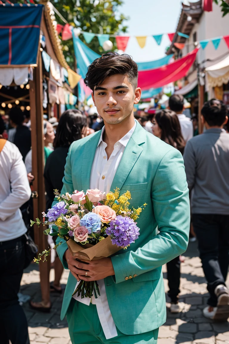 shot by Sony a7 IV Mirrorless Camera, natural light, analog film photo, Kodachrome ,A young man with short, neatly styled hair stands amidst the vibrant colors and lively atmosphere of a temple fair. In his hands, he gently holds a bouquet of pastel-colored flowers, their soft hues contrasting with his vibrant green attire.