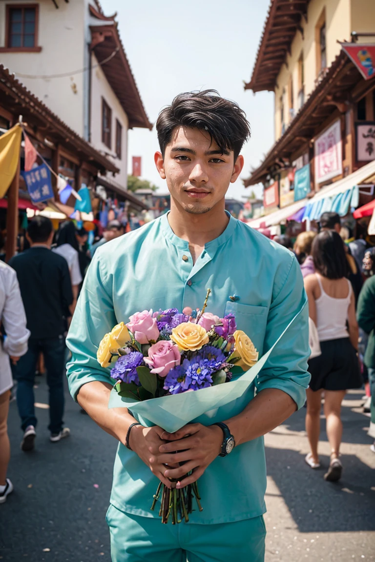 shot by Sony a7 IV Mirrorless Camera, natural light, analog film photo, Kodachrome ,A young man with short, neatly styled hair stands amidst the vibrant colors and lively atmosphere of a temple fair. In his hands, he gently holds a bouquet of pastel-colored flowers, their soft hues contrasting with his vibrant green attire.