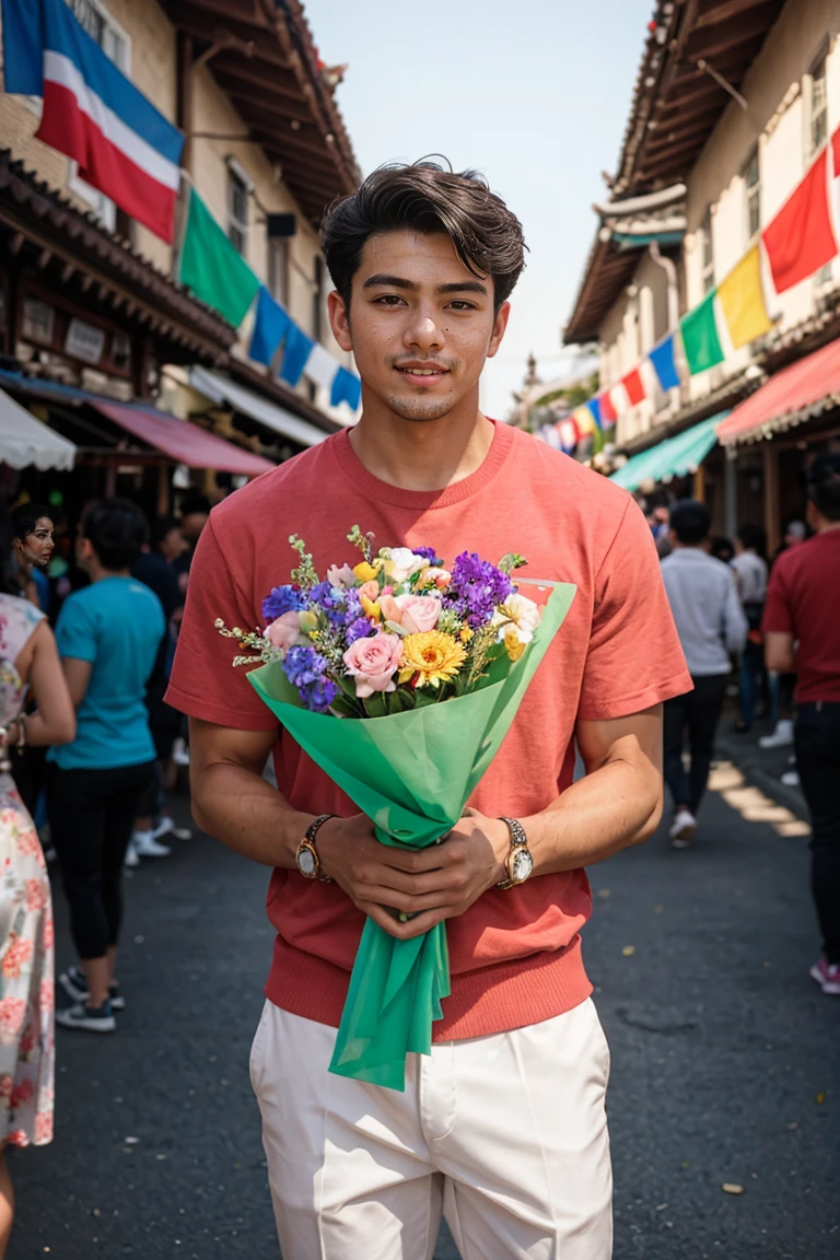 shot by Sony a7 IV Mirrorless Camera, natural light, analog film photo, Kodachrome ,A young man with short, neatly styled hair stands amidst the vibrant colors and lively atmosphere of a temple fair. In his hands, he gently holds a bouquet of pastel-colored flowers, their soft hues contrasting with his vibrant green attire.