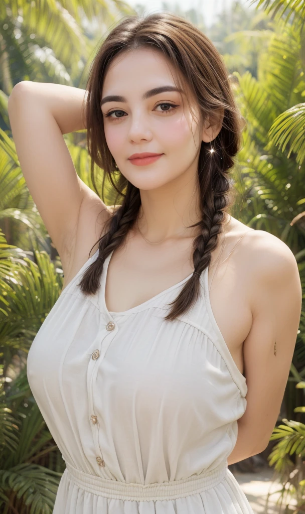 best quality, masterpiece, upper body, (adult:1.6) MATURE woman, (smirk:0.4), arms behind head, braided BROWN hair, sparkling eyes, victorian sundress, floating light particles, centered, REALISTIC, PARTED LIPS