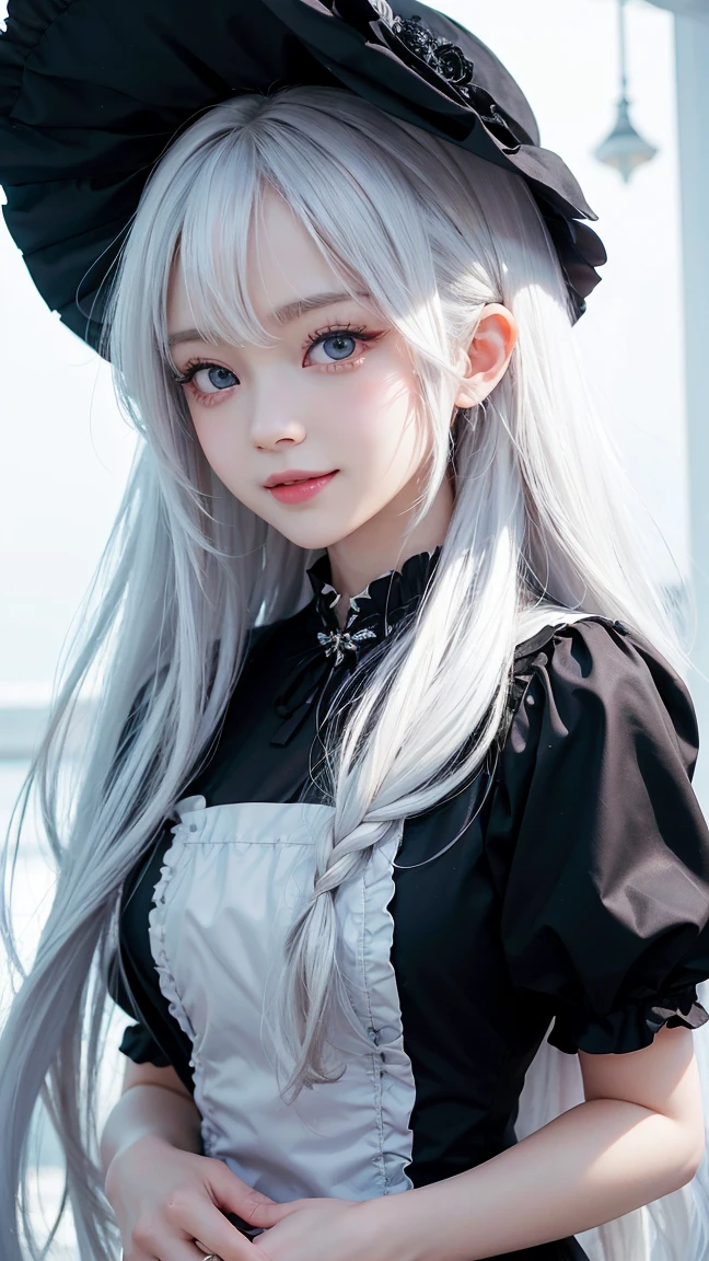 anime girl,cute,beautiful, Clear face,full face,long white hair,เส้นผมละเอียดbeautiful,Big eyes, sharp eyes,smile a little,movie light,UHD,120,000,black lolita dress,high definition,The images are very detailed..white balance,blurred background