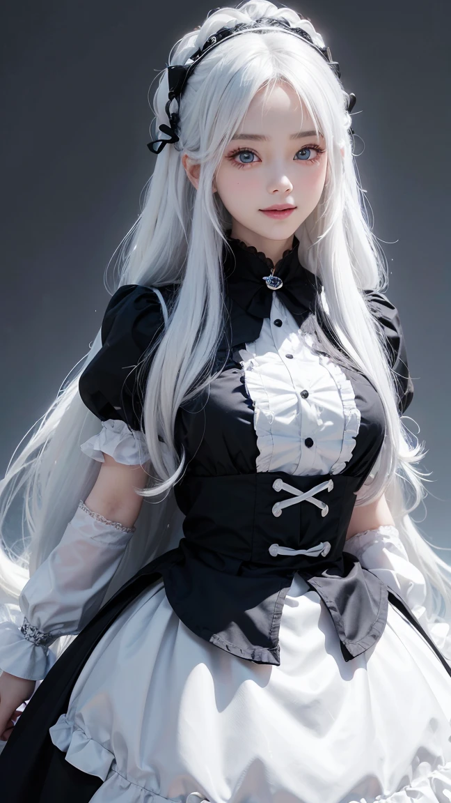 anime girl,cute,beautiful, Clear face,full face,long white hair,เส้นผมละเอียดbeautiful,Big eyes, sharp eyes,smile a little,movie light,UHD,120,000,black ta dress,high definition,The images are very detailed..white balance,blurred background