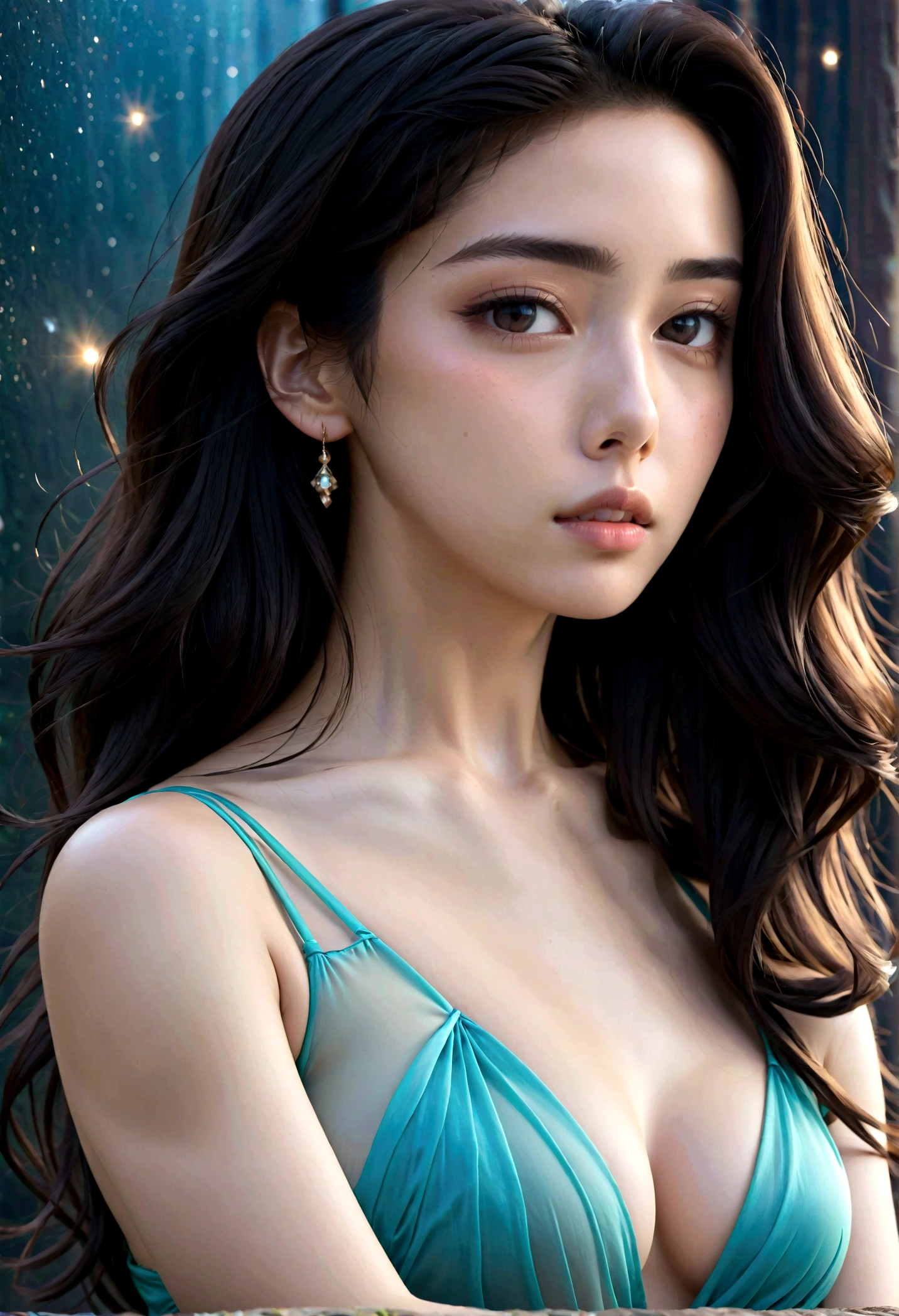8k, masterpiece, RAW Photos, Highest quality, Realistic, Very detailed, Depth of written boundary, Cinematic Light, Anatomically correct body,
(One elegant beautiful mature woman:1.2), Wavy black long hair, Very beautiful face, Exquisitely detailed face, Goddess-like deity々Beautiful,
Glamorous Body, Very sensitive skin, Transparent white skin, Sexy ass, Sexy thighs,
See-through high slit dress, Detailed cloth texture, Gorgeous necklace, Gorgeous earrings,
Dark starry background, Milky Way Galaxy, Meteors, Dark coastline at night, Pitch black sea surface,
(Low angle shot:1.2),