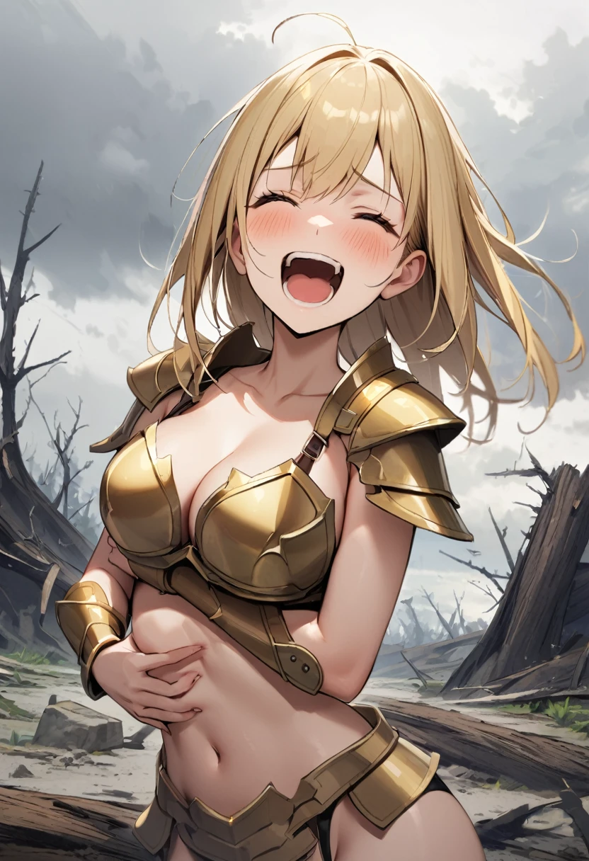1 girl,long blonde hair,blonde bikini armor,open mouth,large breasts,laughing,holding stomach,Devastated land,dead tree,bright overcast sky,