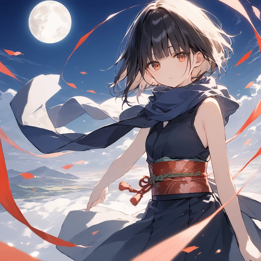 score_9, score_8_up, score_7_up, source_anime, best quality, masterpiece,ultra-detailed,official art, absurdres, highres, waifu2x, break,1girl, ninja girl, short hair, blunt bangs, small breasts,beautiful detailed eyes, expressionless, sleeveless,obi, scarf, night, wind, rooftop, moon, outdoors, break,(clear line illustration:1.2),very high resolution, very aesthetic, super detailed skin, Best cinematic lighting powered by famous artist, 8k,cool picture,beauty illustration,photoshop_(medium),,(Detailed Lighting),best anime 8k konachan wallpaper, pixiv contest winner,
