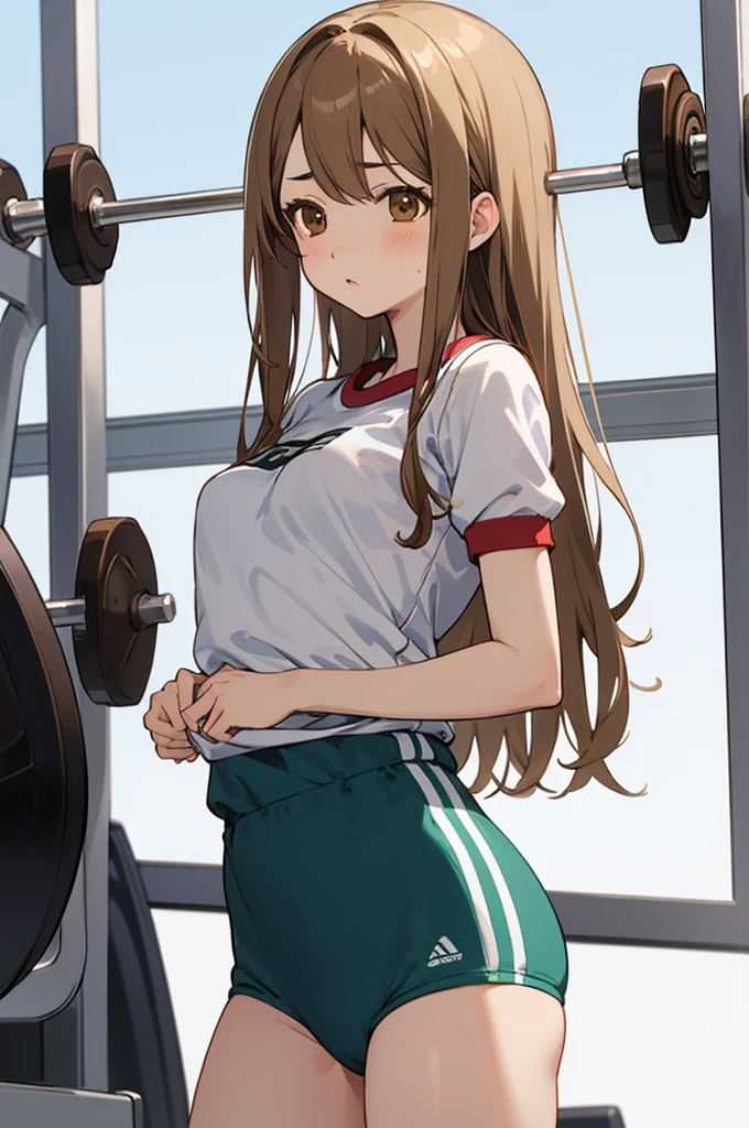 (gym uniform:1.3), green bloomer, solo,
(from front:1.1), small breast, 
Marin Kitagawa,, blonde hair, (brown eyes:1.7), long hair,
at park,