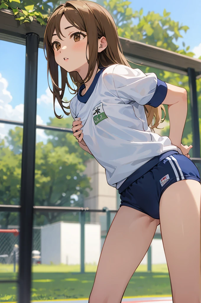 (gym uniform:1.3), green bloomer, solo,
(from front:1.1), small breast, 
Marin Kitagawa,, blonde hair, (brown eyes:1.7), long hair,
at park,