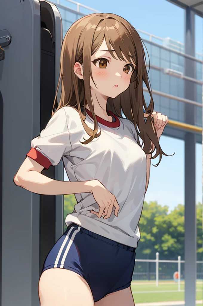 (gym uniform:1.3), green bloomer, solo,
(from front:1.1), small breast,
Marin Kitagawa,, blonde hair, (brown eyes:1.7), long hair,
at park,