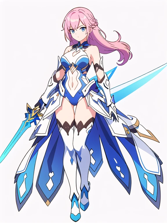 (((Best Quality))) , ((full body)), An adult female, (((white background))), variety of hairstyles, variety of design, gauntlets, leotard, body stocking, (cropped shoulders), sword, holding sword, gloves, stand posture, ((skyblue theme costume)), pink hair,
