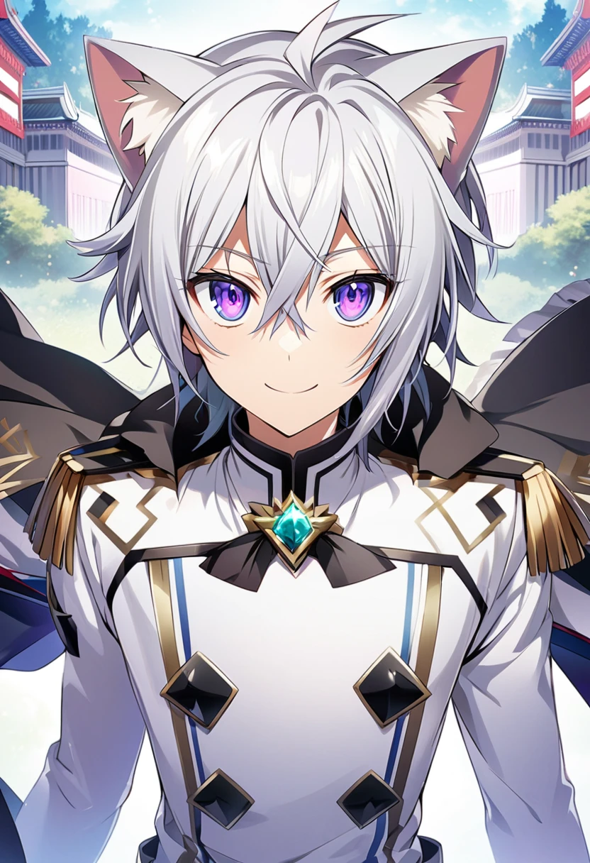 Hyakuya Yuuichiro \(AKB0048 Next Stage\), (short hair), (silvery white hair), (bejeweled eyes), (purple eyes), (cat ears):1.2, white costume, smiling mischievously, cape, ((ultra-detailed)), ((illustration)), (neat hair)), (beautiful detailed eyes), male, 1boy, ((imperial palace)), looking at viewer