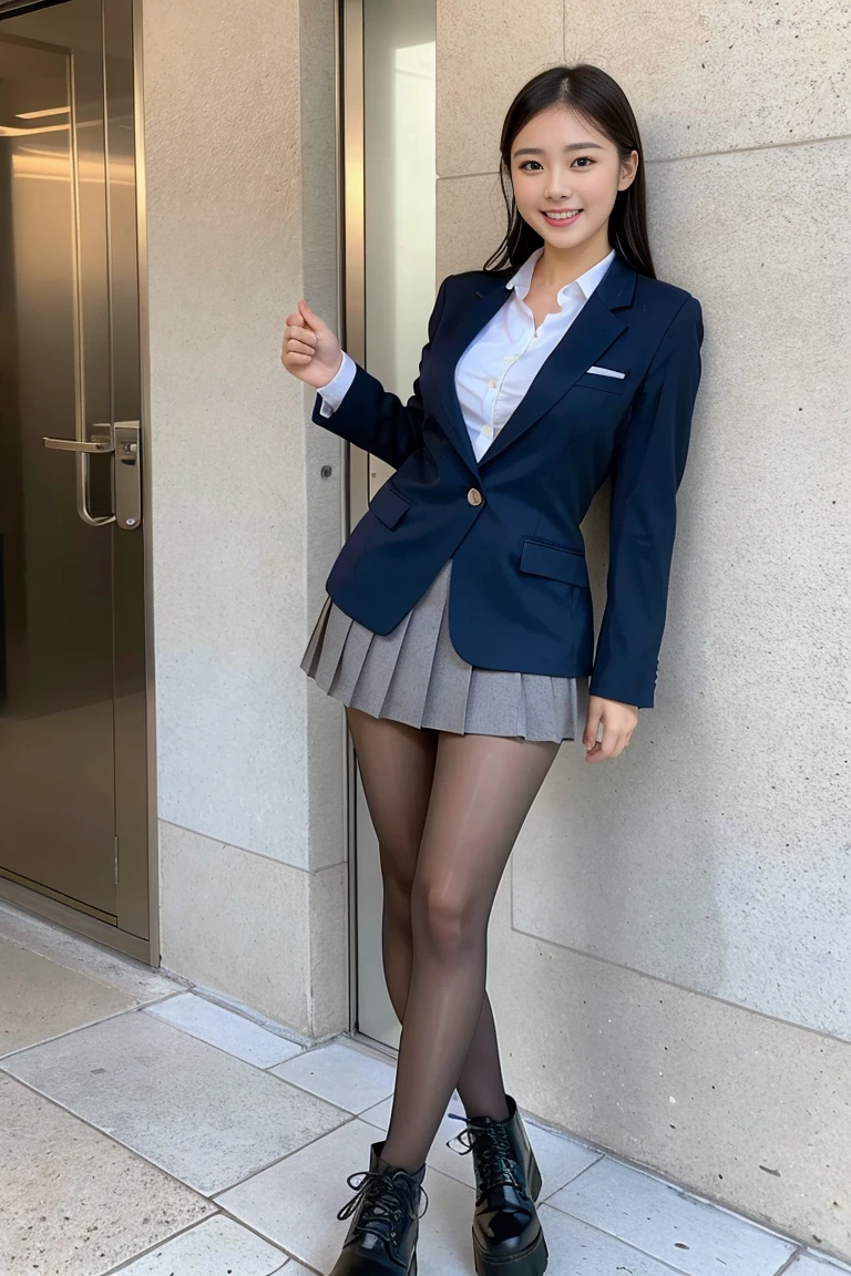 (8k), (highest quality: 1.2), (Realistic), (Realistic: 1.37), Ultra-high resolution, 1 girl, cute, smile, Mouth closed, Beautiful details, Beautiful Nose, whole body, Wet Hair, Giant Dulcefo, pork, Thighs,Selfie,Navel exposed,University Student Uniform,A simple blazer,Pleated skirt,Platform boots,Are standing, natural pantyhose