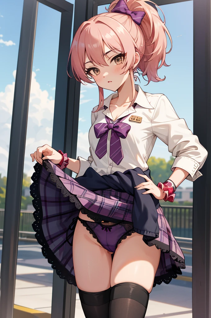 masterpiece, best quality, highres, aamika, ponytail, hair bow, collarbone, ,, bowtie, collared shirt, white shirt, sleeves rolled up, wrist scrunchie,, clothes around waist, plaid skirt, purple skirt, standing, cowboy shot, outdoors,(((lift skirt,black lace panties,))),looking viewer,thighhighs