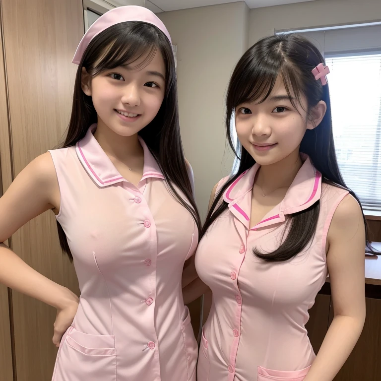 (high quality)、(high resolution)、Two junior high school students、Looking at me with a smile、whole body、Big Breasts、A tight, see-through, sleeveless pink nurse uniform with buttons and a collar、Erect nipples、(Lift your chest with both hands:1.1)、Lie on your back on the bed