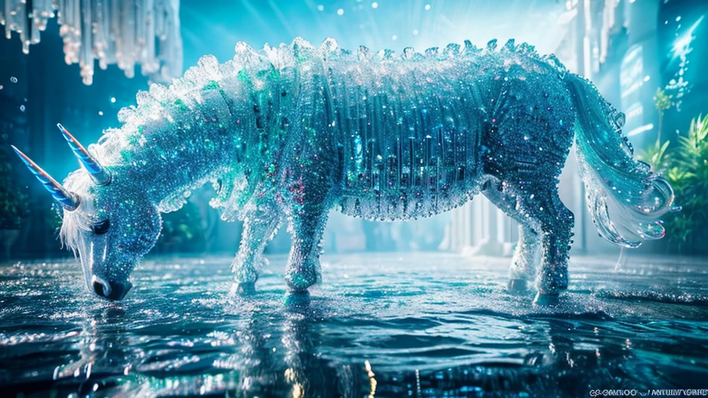 Create a digital artwork featuring a dew-covered unicorn with a highly detailed, reflective water droplet that contains an entire world within it, showcasing the concept of macro photography and surrealism.