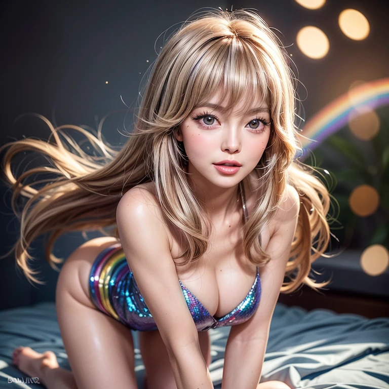 NSFW, 8k, High-level, absurd, masterpiece, best quality, primitive, very detailed CG, very detailed wallpaper, perfect lighting, Extremely detailed (((The personifying " Farrah Fawcett Majors " as a ))), MysticSight, Tyndall effect, Tyndall scattering, Studio gray background with (many Dazzling RainbowColor particles BokeH:1.28), (RoundlyButts, ThighGap), (Exposed:0.4), (Assfocus with looking ahead), BREAK (NOGIZAKA face variations) Extremely Detailed very KAWAII face variations, perfect anatomy, Childish, captivating gaze, elaborate detailed Eyes with (sparkling highlights:1.28), long eyelashes、Glossy RED Lips with beautiful details, Coquettish tongue, Rosy cheeks, Radiant PearlSkin with clear transparency . { (Dynamic LifeLike expressions:1.4) | :d) }, (large eyes:-1) .