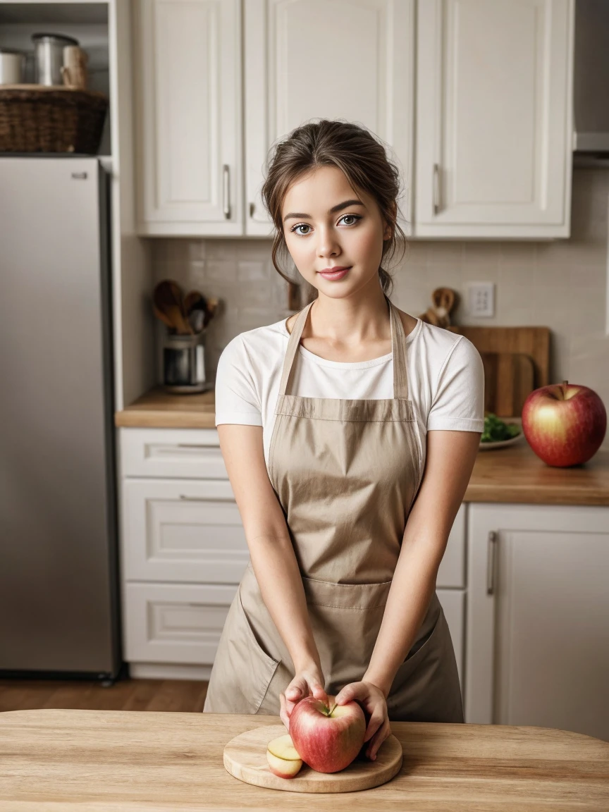 A young woman in a short apron, leaning forward cutting an apple in the kitchen, detailed facial features, beautiful eyes, extremely detailed face, high-quality, realistic, photorealistic, 8k, best quality, intricate details, warm lighting, natural colors, clean and organized kitchen interior, slice of apple, focused on task at hand, serene expression