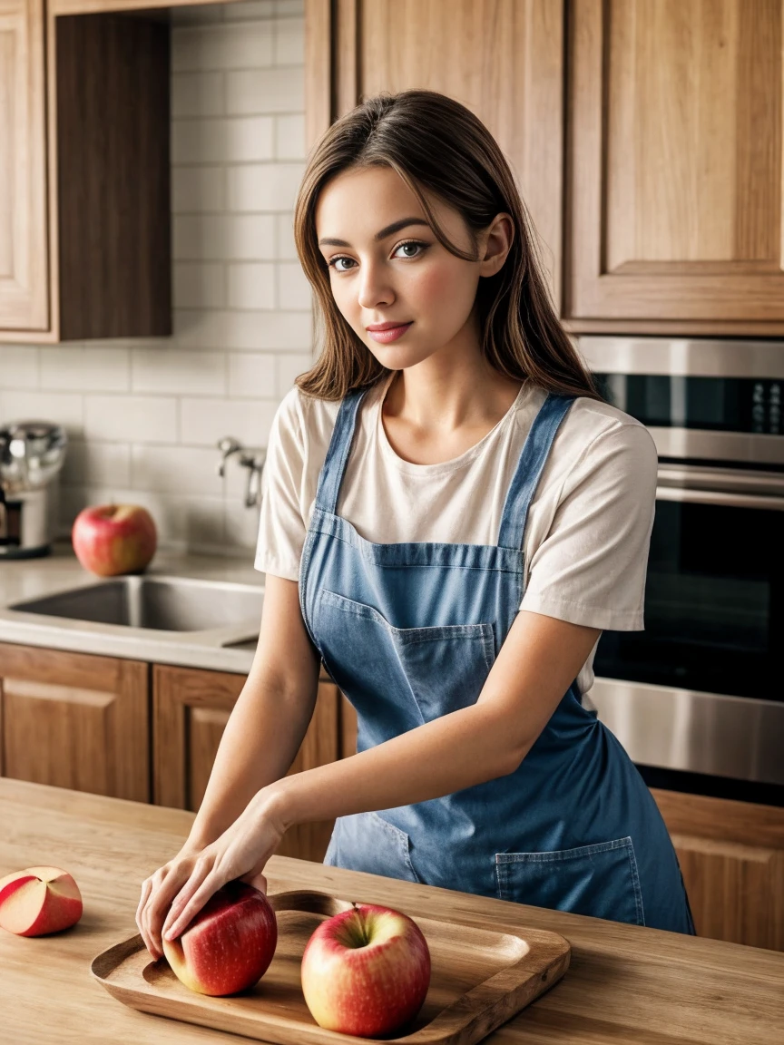 A young woman in a short apron, leaning forward cutting an apple in the kitchen, detailed facial features, beautiful eyes, extremely detailed face, high-quality, realistic, photorealistic, 8k, best quality, intricate details, warm lighting, natural colors, clean and organized kitchen interior, slice of apple, focused on task at hand, serene expression