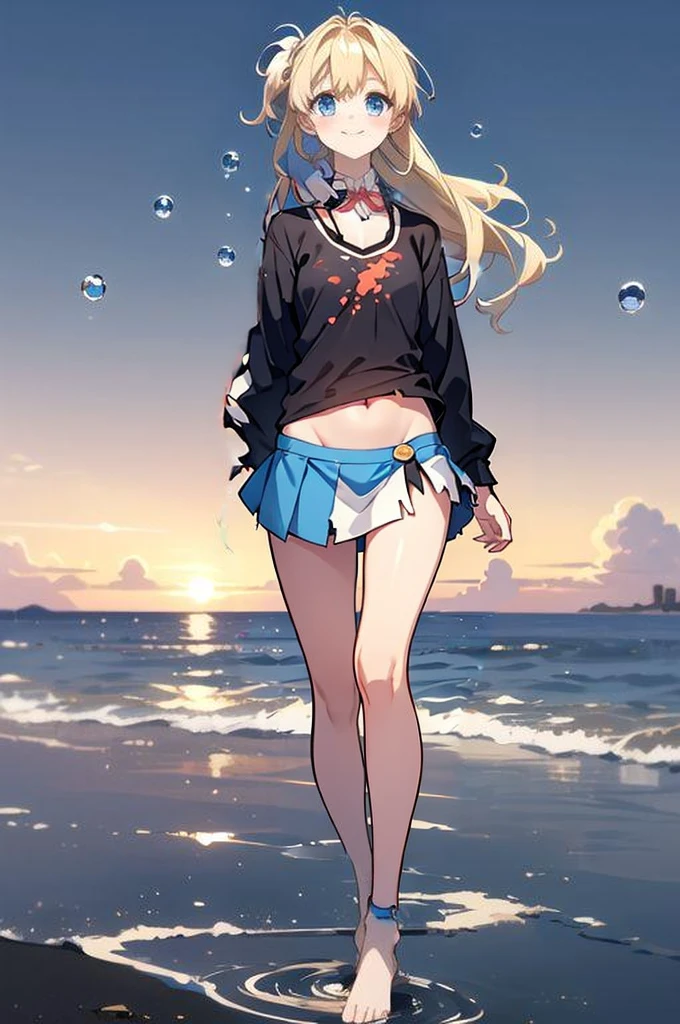 Tattered clothes,Torn clothes,Yoreyore shirt,Shirt with torn sleeves,Damaged Mini Skirt,Tattered Skirt,Flat Chest,(belly button),belly button出し,stomach,arm
