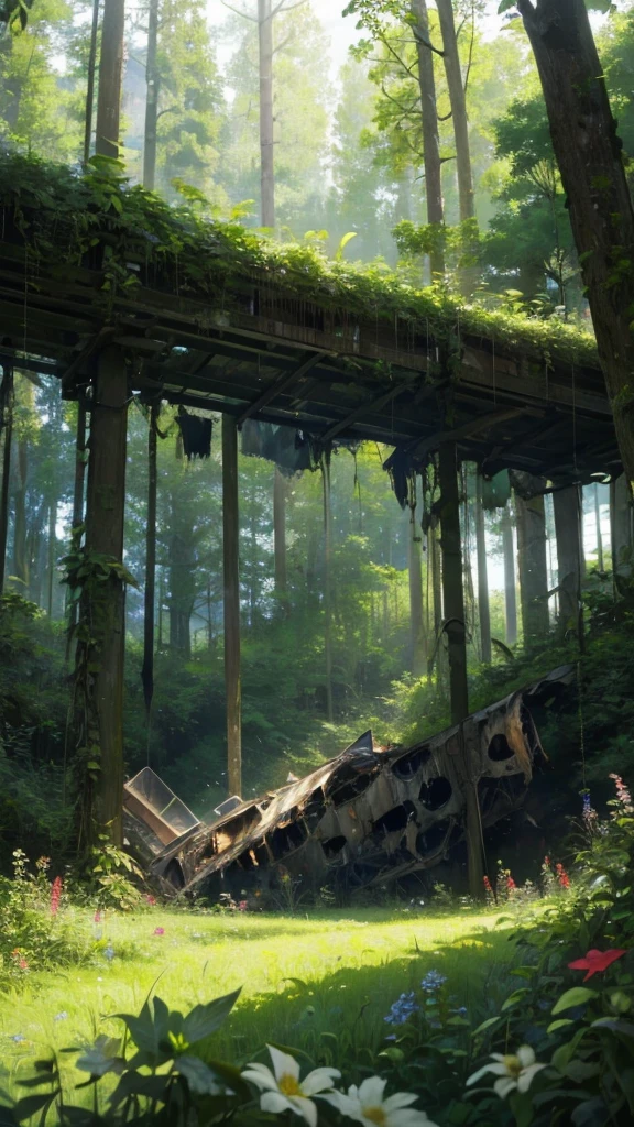 A massive plane crash site transformed by nature, with wildflowers blooming around it, and lush greenery creeping over the wreckage, located in a secluded forest glade. Soft light filtering through dense canopy, peaceful and abandoned. Anime nature, peaceful vibes, highly detailed, hd quality, natural look