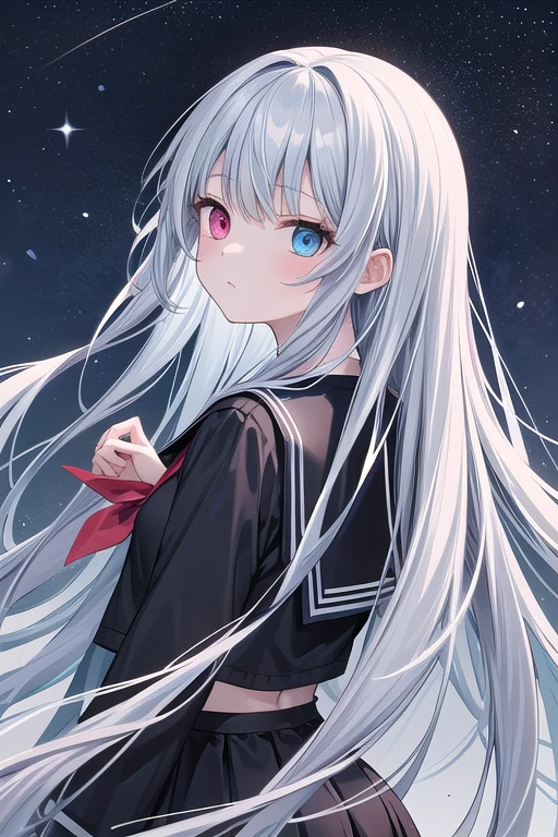 1girlsolo, face towards the sky, looking back, 1 girl, very long hair, pale blue hair, colored inner hair, absurdly long hair, cold expression, heterochromic, serafuku, array stars, absurdres, highres,