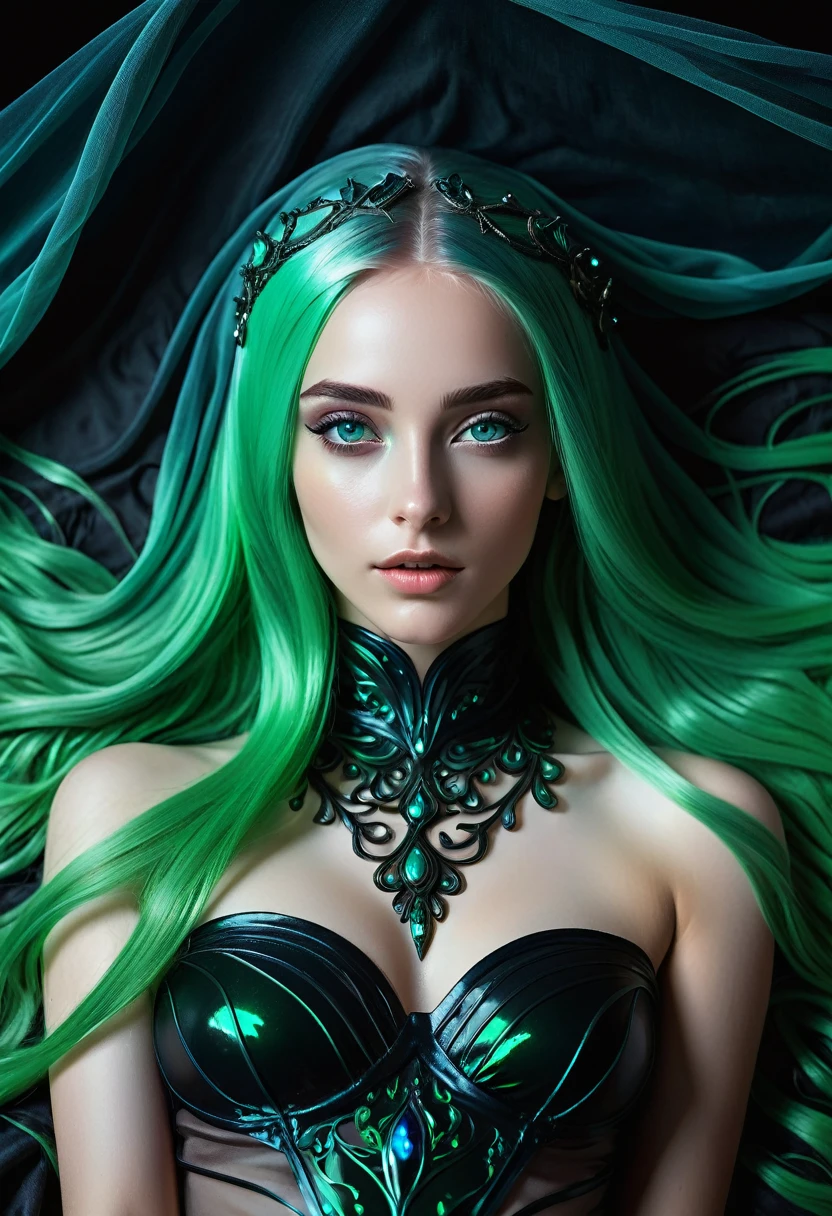 a girl with long-green hair and blue eyes is lying back in solid-black-liquid bed of a dark background, covered by transparent white-veil, perfect face, perfect body exposed, full body, perfect legs, green flowing hair, girl with cosmic hair, 8k high quality detailed photoart, fantasy art style, detailed digital art, photographic fantasy artwork, epic fantasy art style hd