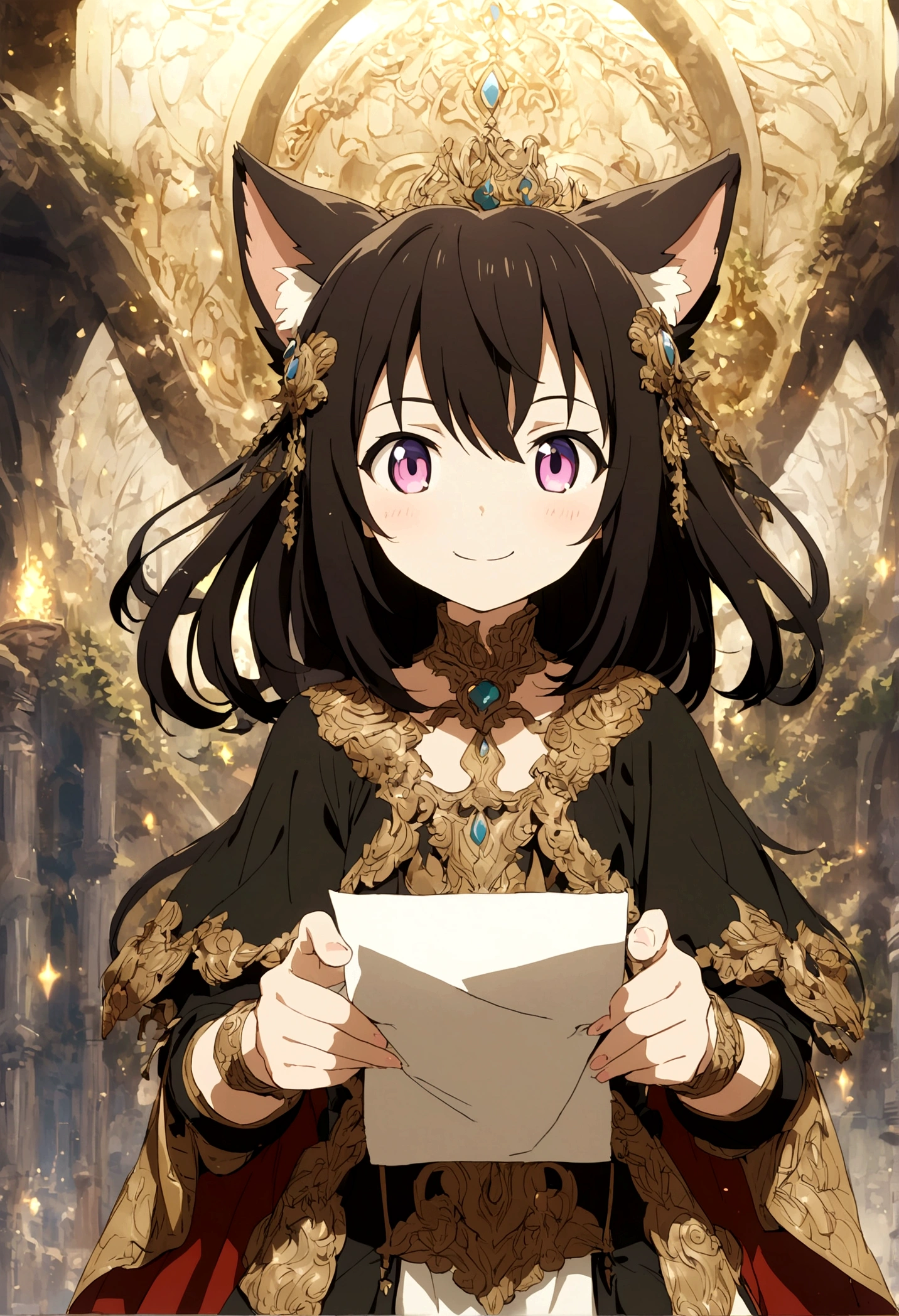 Detailed, anime, girl, short height, cat girl, smile, holding a paper with both hands-"you are shit", fantasy
