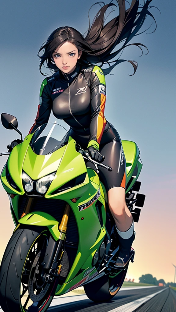 Long black hair, motor cycle, (Kawasaki ZZR1300), Beauty, Perfect body, Perfect large breasts,Small waist,Big Ass,Thin thighs, riding a sports bike, green color bike, Wearing short racing boots, short wear gloves, (Dark blue bikini, Sweat:1.5, Hydration), This is a parking lot,High-speed coverage area, A lot of tourists and vehicles,Midsummer sky,Sun's glare,hot, realism, masterpiece, Skin Texture, Very detailed, High detail, high quality, 最high quality, 1080P, 16K, yhmotorbike