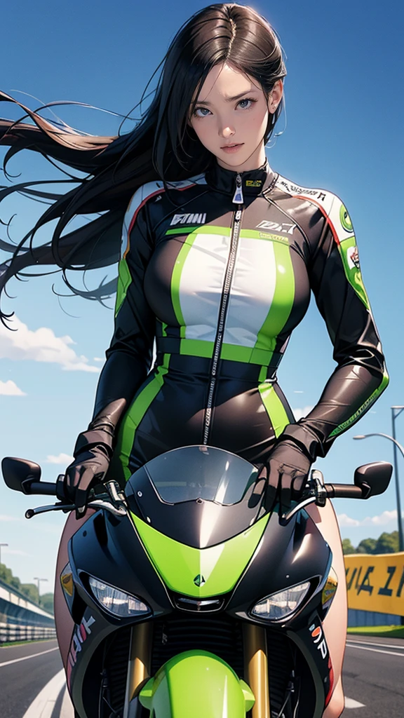 (1 screen, Dynamic Angle), (In the middle of the night:1.5) Metropolitan Expressway Central Circular Route)), ((1 beautiful girl driving a big bike (Kawasaki Z1000R))),(((Riding position similar to that of a GP racer, with the rider lowered to avoid wind pressure:1.5))), (8 heads, Beautiful proportions, Long black hair, Bob Bang), (Tight leather jumpsuit), (Racing Gloves ),(Racing Boots),(Simpson&#39;s helmet), ((The Z1000R demonstrates explosive sprinting power.)), ((High wind pressure, Fluttering Hair, The smell of burnt tires, White smoke)), (Highest quality,4K,8k,High resolution,masterpiece:1.2),Very detailed,(Realistic,photo Realistic,photo -Realistic:1.37)), (Perfect Anatomy), (Perfect finger to thumb ratio), (Symmetrical face), (((Late night expressions:1.5))), (((Expressing a sense of speed:1.5))), (((Skyscrapers in the distance))), (((The night sky is wide and the stars are beautiful)))