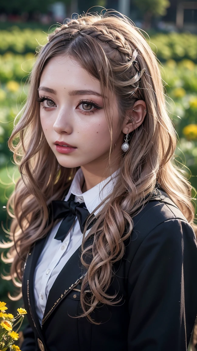 Realistic, masterpiece, Highest quality, Highest Resolution, Japanese , , Upper body photo, Looks sleepy, Spaced out, Open your mouth, Beautiful and detailed eye drawing, (Droopy eyes:1.3), Dark Eyes, Thin eyebrows, Draw eyelashes carefully, Eyelash extensions, Gal Makeup, Orange Cheeks,  (White brown wavy hair, Long Hair, middle part:1.3), (Hidden eyelid wrinkles:1.3), (Gothic uniform, blazer, Add a little armor feel:1.2), (The subject was photographed from above at an angle:1.3), (Flower Field:1.3), (Face close-up, Stand up and impress the crowd:1.5)