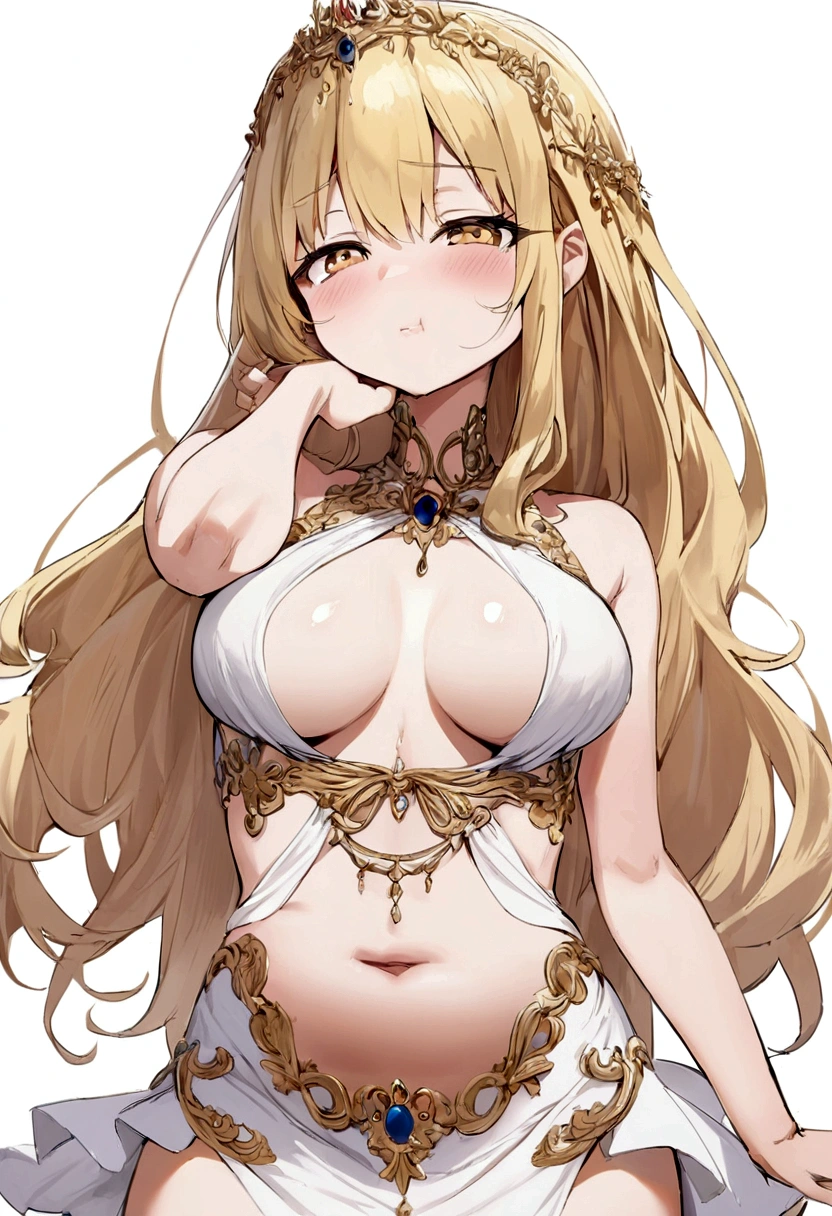 girl anime style short white and gold skirt seductive pose medium breasts blonde long hair flushed cheeks belly-baring