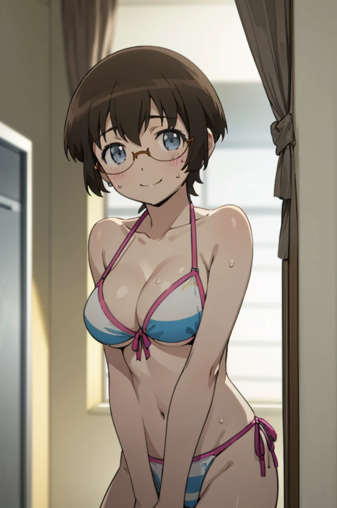 (masterpiece,best quality)solo, 1girl, looking at viewer, ,bikini, manami tamura, , smile,,,,big breasts,indoor,sweating