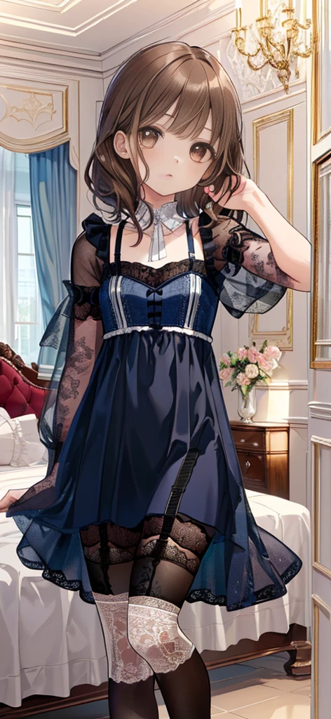 ((masterpiece)), ((best quality)), ((ultra detailed)), ((kawaii)), cute, (lovely), ((extremely detailed)), ((8K)), (beautiful), full body, luxury room, a cute girl, 1girl, solo, blue mini camisole dress,beautiful light brown hair, ((detailed beautiful brown eyes)), white-skinned, flat breast, tiny breast, garter belt,(garter stockings:1.4),pink eyeshadow