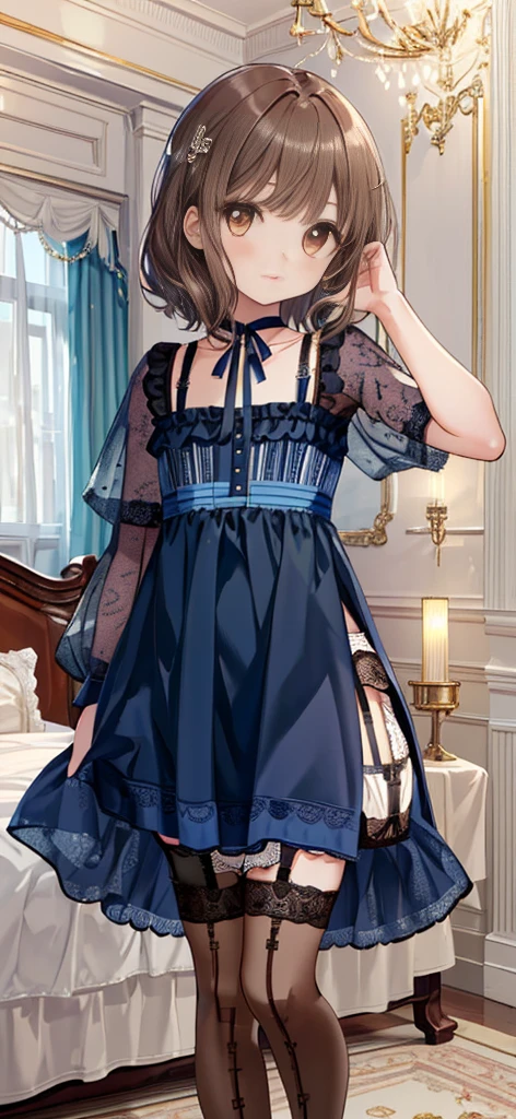 ((masterpiece)), ((best quality)), ((ultra detailed)), ((kawaii)), cute, (lovely), ((extremely detailed)), ((8K)), (beautiful), full body, luxury room, a cute girl, 1girl, solo, blue mini camisole dress,beautiful light brown hair, ((detailed beautiful brown eyes)), white-skinned, flat breast, tiny breast, garter belt,(garter stockings:1.4),pink eyeshadow