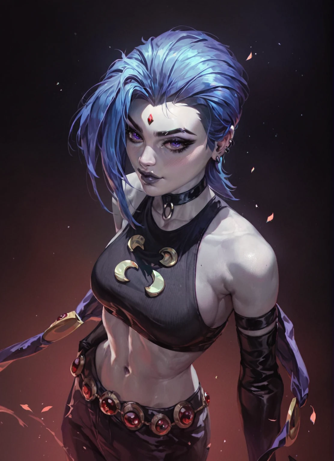 score_9, score_8_up, score_7_up, score_6_up, score_5_up, score_4_up, score_9, medium shot, torso shot, portrait of seductive voluptuous Goth raven form teen titans, perfect breasts, perfect hands, perfect fingers, rating_safe