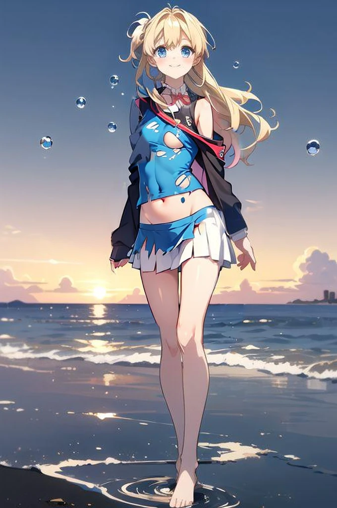 Tattered clothes,Torn clothes,Yoreyore shirt,Shirt with torn sleeves,Damaged Mini Skirt,Tattered Skirt,Flat Chest,(belly button),belly button出し,stomach,arm