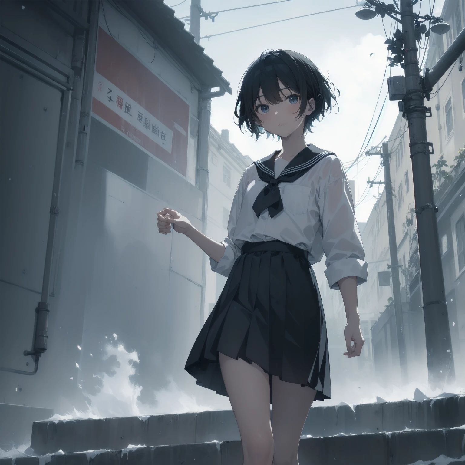 ultra-absurdres-Top quality by artist God, ultra-detailed, high resolution, anime moe artstyle, best anime 8k konachan wallpaper, pixiv contest winner, pool:2810, perfect anatomy,break, 1girl, (Please draw a girl walking sleepily to school alone. )break,(Solo,little female, 13-year-old:1.3),Full limbs, complete fingers,a junior high school student, (very short hair), short cut, flat chest, , small butt, small black eyes, beautiful detailed eyes, well-proportioned iris and pupils, expressive eyes, highres detailed hair, soft expression, salor school_uniform, sailor collar, serahuku, bow, pleated skirt,(Detailed Lighting), (Detailed background), in the School commute route. break,super detailed skin, Best cinematic lighting powered by famous artist, 8k,beauty illustration,photoshop_(medium),very aesthetic,break,((artist:takafumi )), artist:clamp ,artist:carnelian ,artist:kantoku ,