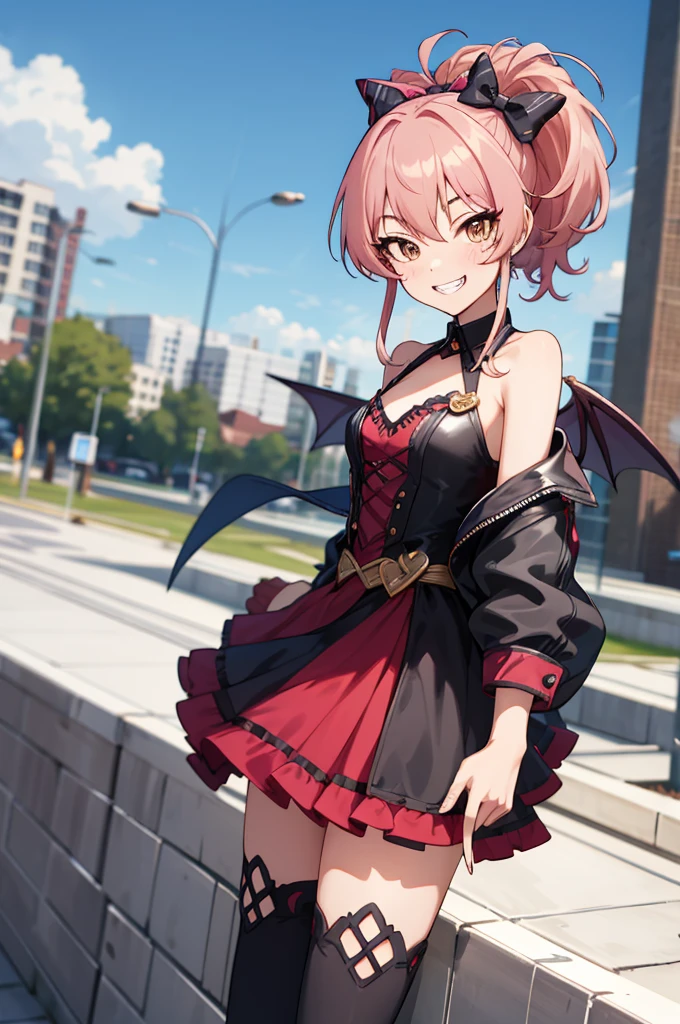masterpiece, best quality, highres, aamika, ponytail, hair bow,succubus costume,grin,evil smile, standing, cowboy shot, outdoors,,looking viewer,thighhighs