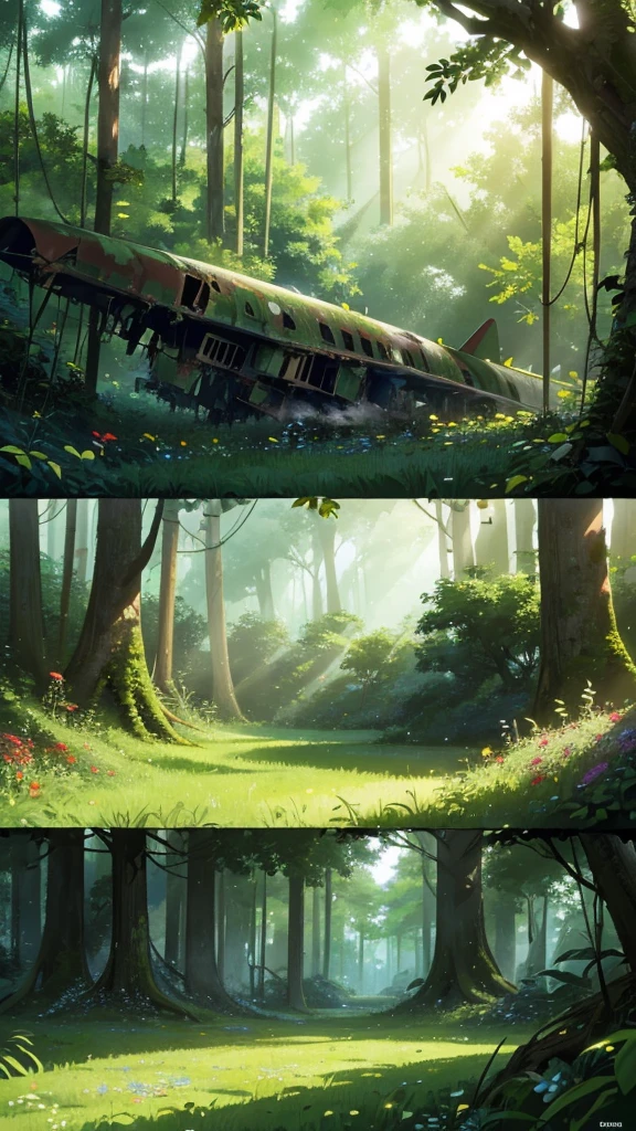 A massive plane crash site transformed by nature, with wildflowers blooming around it, and lush greenery creeping over the wreckage, located in a secluded forest glade. Soft light filtering through dense canopy, peaceful and abandoned. Anime nature, peaceful vibes, highly detailed, hd quality, natural look