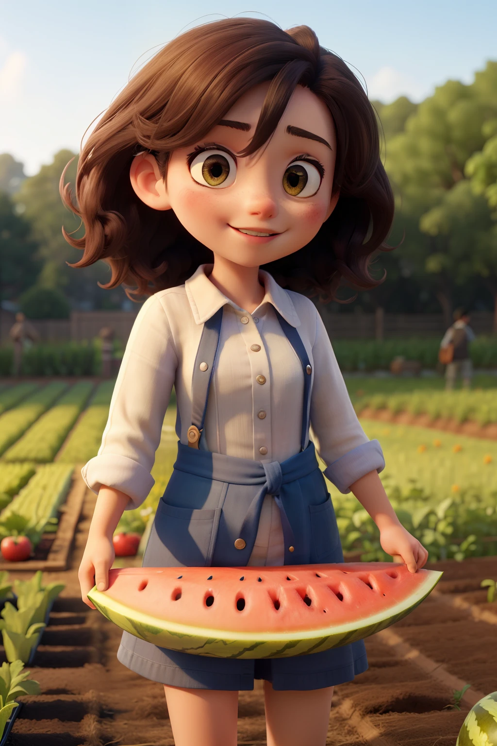 ((best quality)), ((Masterpiece)), (details), Cute girl in the vegetable garden on the rice field, eat watermelon