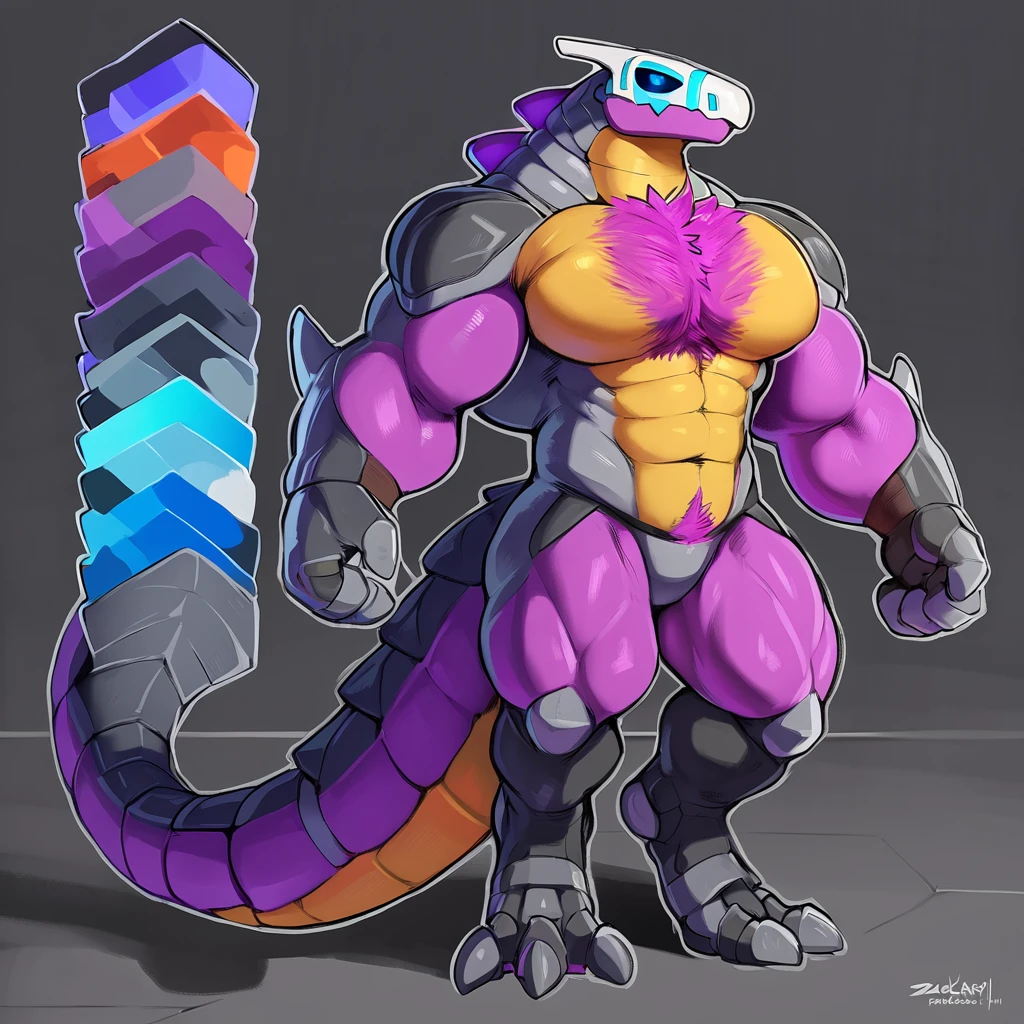 synth head, synth (species), synth_(vader-san), cyber synth anthro, bara, muscular, barazoku, bara body type, huge pecs, detailed muscles, very muscular, huge arms, defined muscles, thick thighs, accurate anatomy, white black and purple color scheme, color harmony, color theory, glowing details, high resolution, clear focus, high detail, complex details, clear focus, super detailed, 8K, colorful, vivid color, digital art, artificial, robotic, flat colors, refsheet, unique character, unique character concept, strong jaw, thick thighs, giant biceps, huge hairy pecs, muscular, big tail,full body, detailed hands, detailed eyes, detailed face, detailed arms,anthro, muscular, abs, (detailed:1.5), male, 8k hd, by daftpatriot, by dacad, by zackary911,