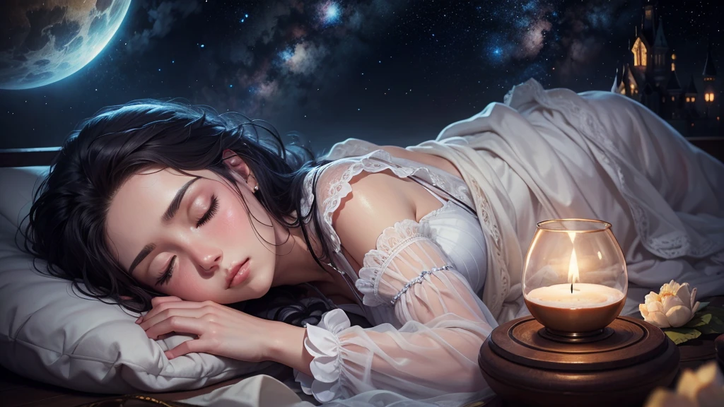 A woman in her fifties sleeping in the starry sky, Surrealist paintings by Alexander Kucharskiy, tumbler, Magic realism, Lying in the fairyland of white clouds, lucid dream, Dreamscape painting, .. As long as I can sleep, A dreamlike night, Sweet dreams, A reality full of dreams, ウェイク開始lucid dream, Dreamy Art, Sleeping Goddess