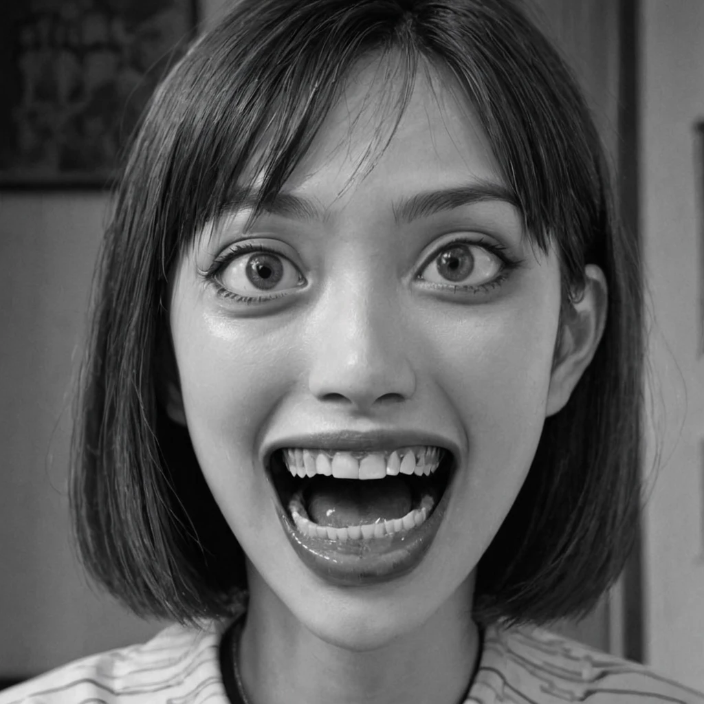 woman with big mouth, (anime), bizarre scenario, Junji Ito, Yusuke Murata, black and white, 8k, anime, horror