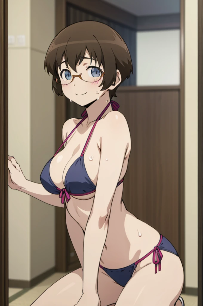 Round glasses, short hair, brown hair, small breasts, worried eyebrows, thick eyebrows, sweat, red cheeks, Japanese-style room, slightly smiling, dirty eyes, having sex, micro bikini