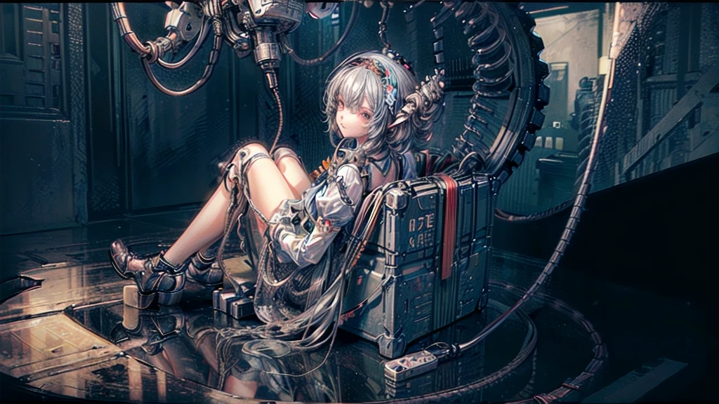 (((masterpiece))), (((Highest quality))), ((Very detailed)), (Highly detailed CG illustrations), ((Very delicate and beautiful)),(Cute and delicate face),Light,((1. Machine Girl)),alone,whole body,(Machine made joints:1.4),((Mechanical Limbs)),(Muscle swelling),(The container is connected to a tube),(Brain in a container:1.3),((Mechanical vertebrae attached to the back)),((Mechanical cervical vertebrae attached to the neck)),((Sitting)),poker face,(Wires and cables attached to head and body:1.5),Small breasts,short hair,(Character Focus),SF,Lying down,Dark shortcuts,Shortcuts for centering,A devastated society,alone,