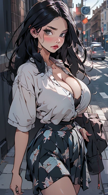 fashionable, Black long hair, Soft expression, cleveage, Large Breasts,(((Full and soft breasts,)))(((Large Breasts))) (((Cleavage))), skirt, Streetwear, on the street, Cowboy shooting