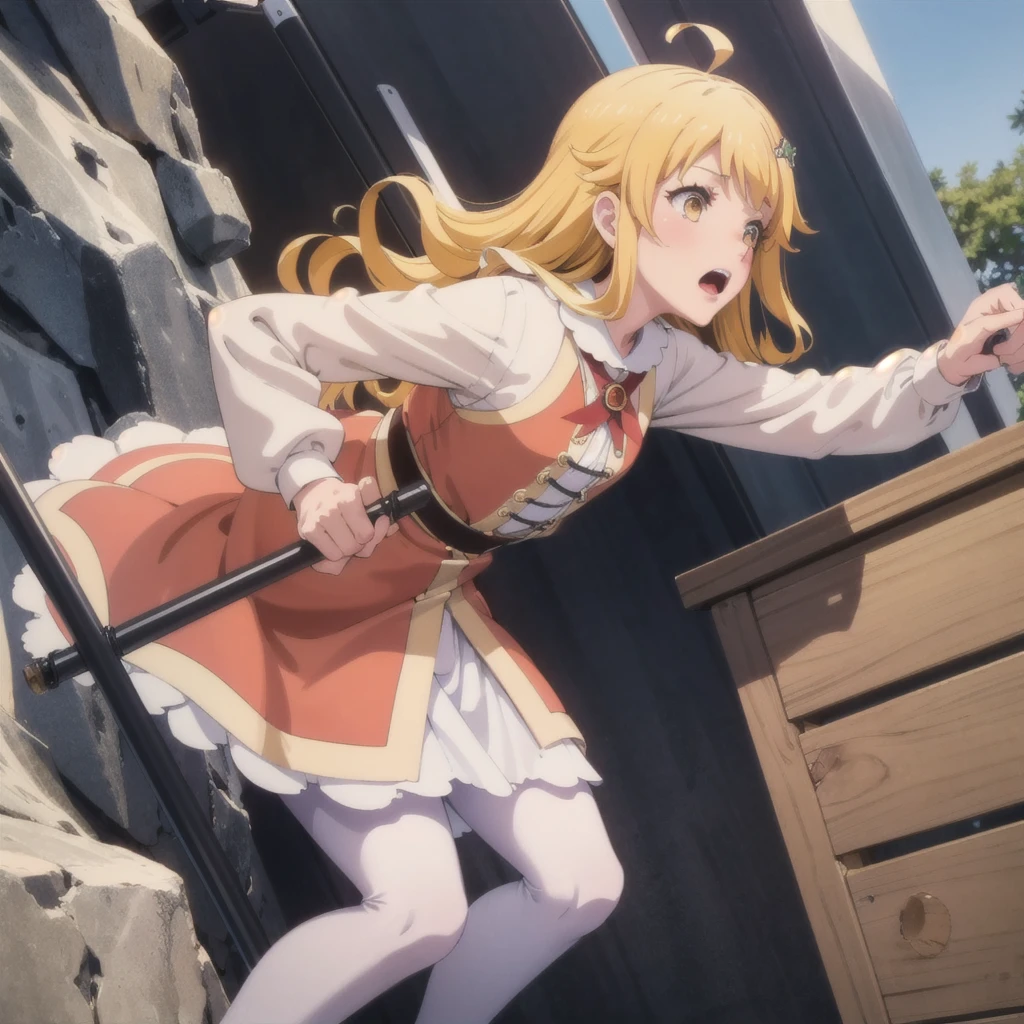 masterpiece, Highest quality,Small breasts, Emily,alone,Have a hammer,Finding_stance,White Pantyhose, Low Angle, You can see the drawer, Pull up the dress by hand, Strong winds, Translucent slip, Translucent slip, tights, Highest quality, Crotch close-up, whole body